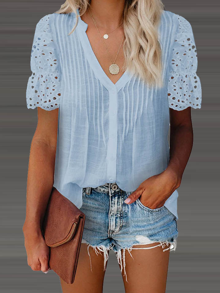 Casual V Neck Short Lace Sleeve Top