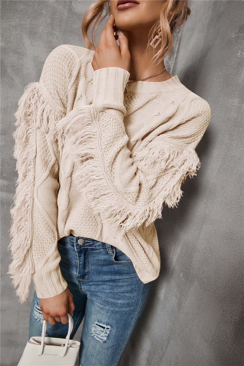 Round Neck Long Sleeve Cable Knit Design Sweater