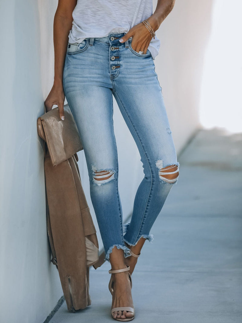 Cut Out Knees High Low Cropped Skinny Jeans