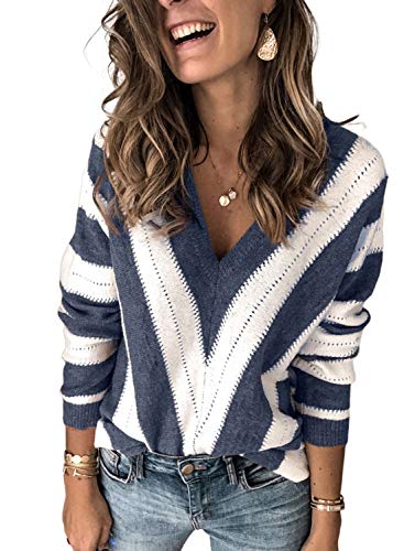 Elapsy Womens Ladies Casual Autumn Winter Stitching Contrast Color Block V Neck Pullover Sweater Jumper Top Outfit Blue M