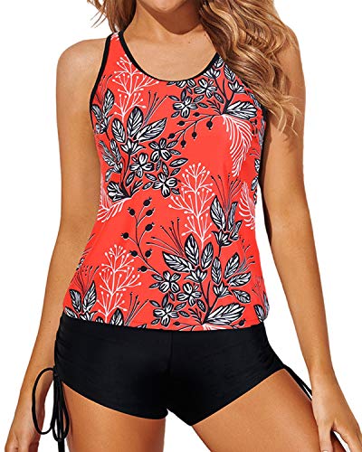 Yonique 3 Piece Tankini Swimsuits for Women Swim Tank Top Bathing Suits with Boy Shorts and Bra Athletic Swimwear Red Coral M