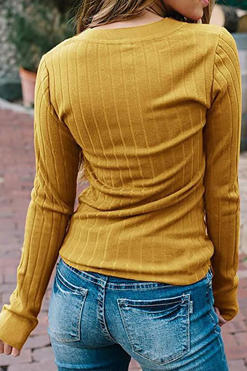 Button V Neck Slim Sweatershirt