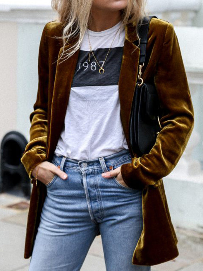 Women's Blazers Solid Gold Velvet Long Sleeve Casual Blazer