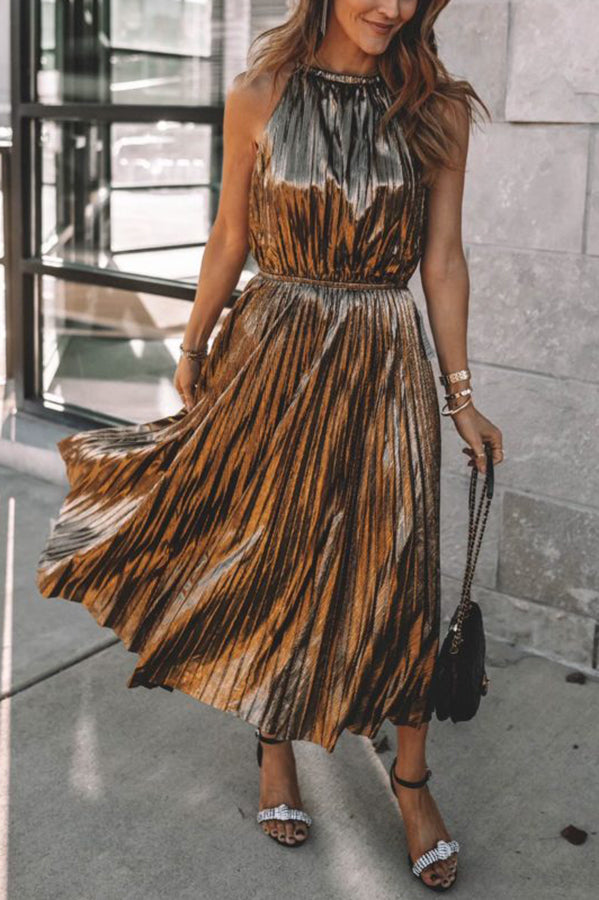 Perfect for Your Holiday Metallic Halter Pleated Midi Dress