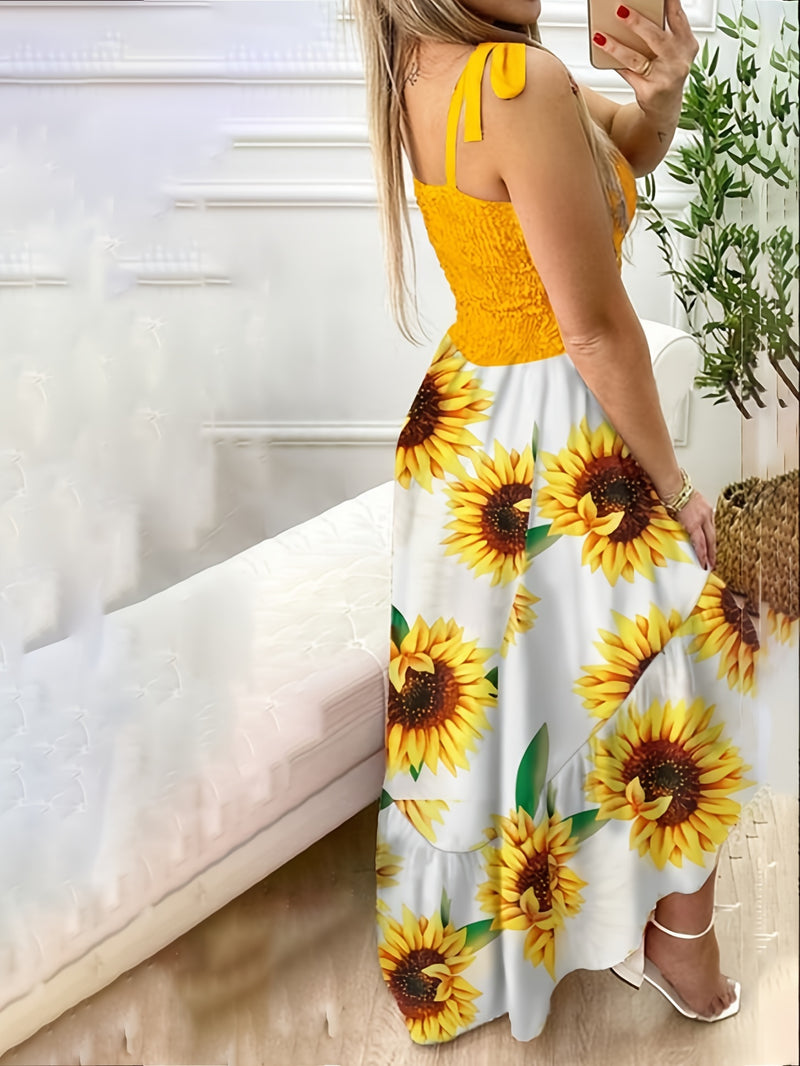 Floral Print Asymmetrical Color Block Spaghetti Strap Maxi Dress