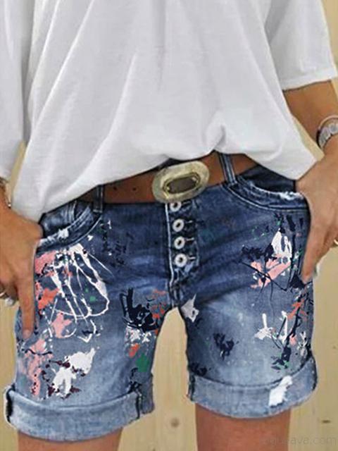 Multi-button Printed Denim Shorts