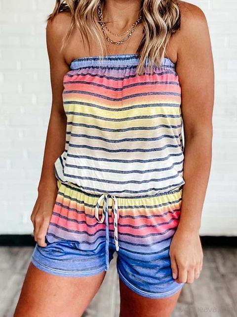Rainbow Striped Print Strapless Shorts Jumpsuit