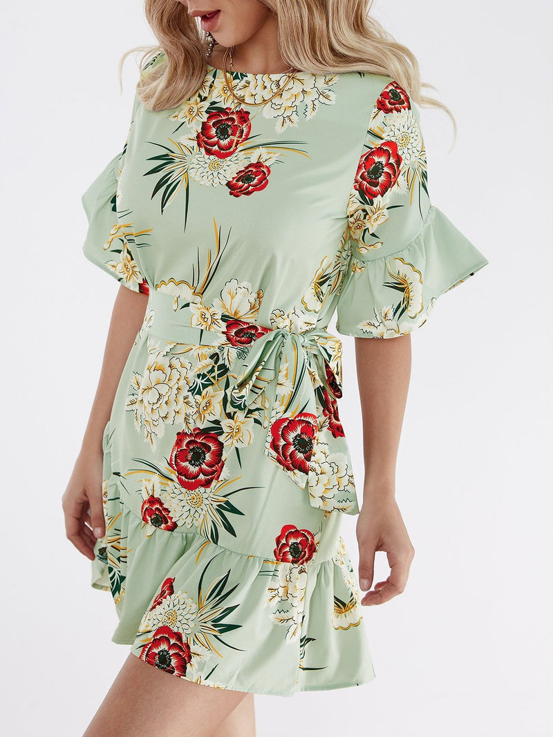 Green Random Floral Print Mini Dress With Half Flared Sleeves - Landing Closet