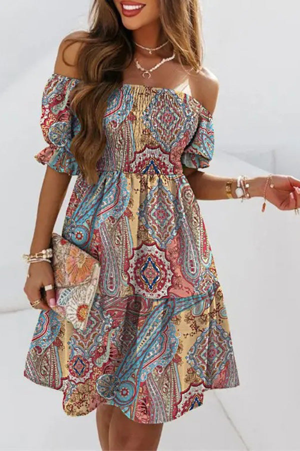 Verna Printed Off Shoulder Shirred Swing Dress