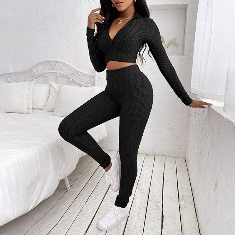 Long Sleeve V Neck Zip Up Top with Pants Set