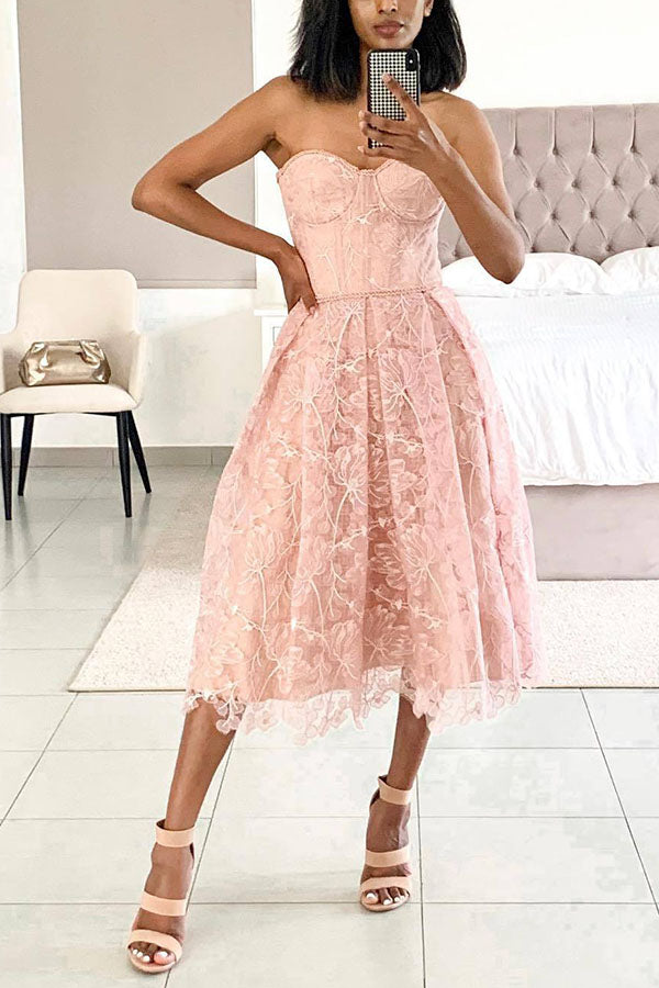 Olivia Floral Embroidered Lace Strapless Midi Dress