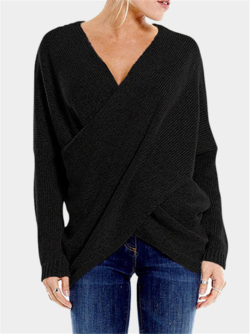 Knitted Deep V-Neck Long Sleeve Wrap Sweater
