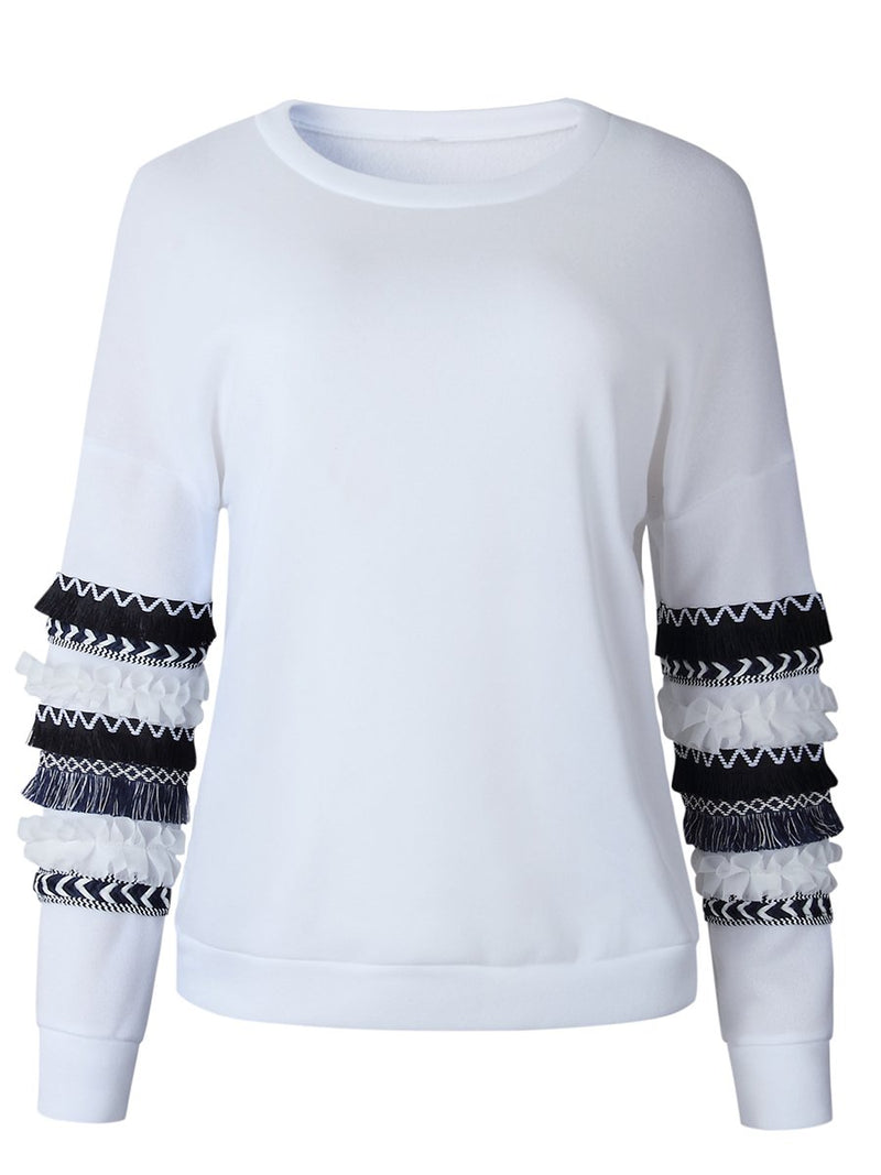 Stitching Printed Long Sleeves Crew-neck Pullover