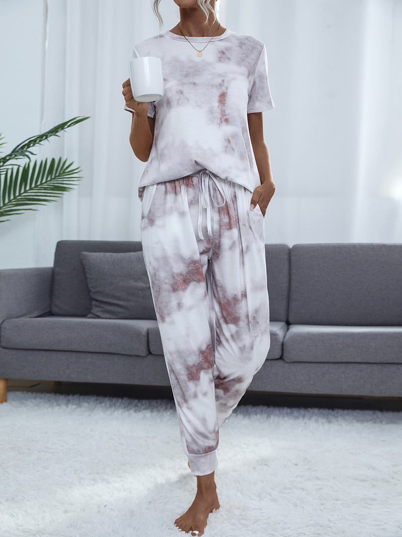 Casual Tie-dyed Pantsuits Two-piece Set, Short Sleeve Tops & Drawstring Loose Pants Set, Women's Clothing