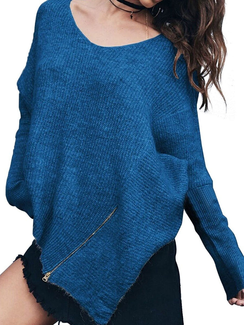 Blue Casual Loose Zipper Sweater - Landing Closet