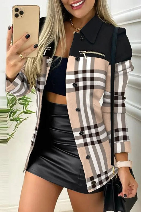 All The Best Contrast Plaid Zipper Casual Jacket