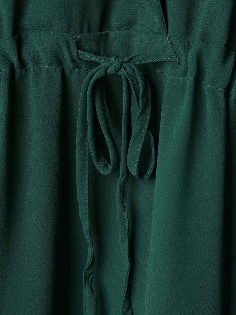 Green V-neck Drawstring Waist 3-4 Length Sleeves Dress with See-through Design - Landing Closet