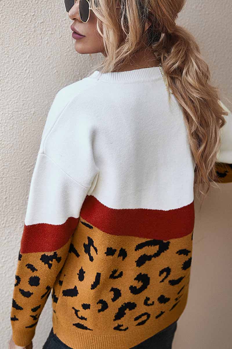 Florcoo Leopard  Splice Contrast O-neck Sweater