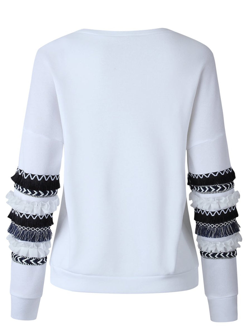 Stitching Printed Long Sleeves Crew-neck Pullover