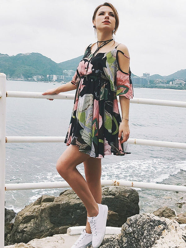 Lace Floral Printed Short Sleeve Mini Dress
