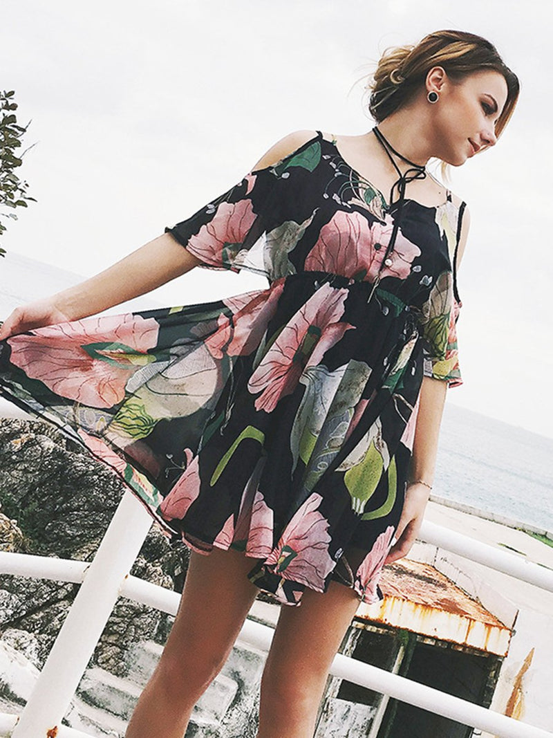 Lace Floral Printed Short Sleeve Mini Dress