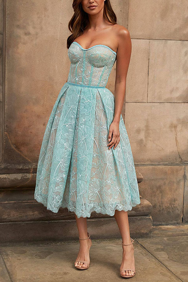 Olivia Floral Embroidered Lace Strapless Midi Dress