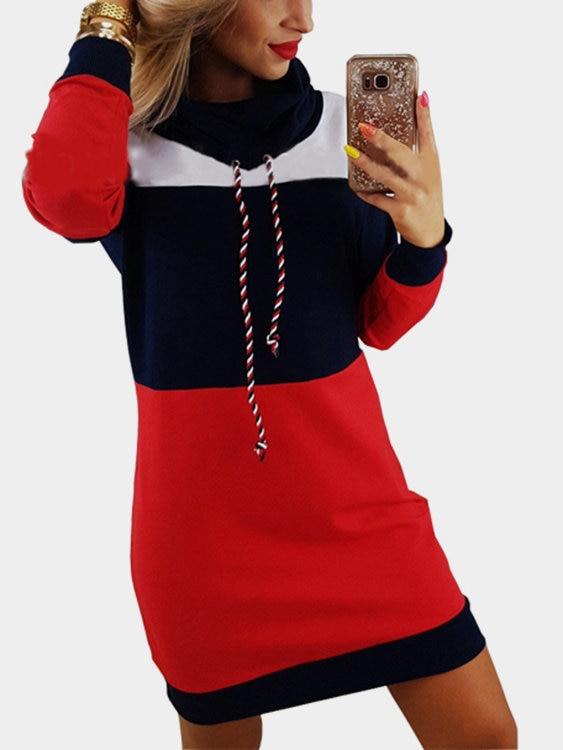 Navy Polo Neck With Drawstring Stitching Design Pullover Dress - Landing Closet