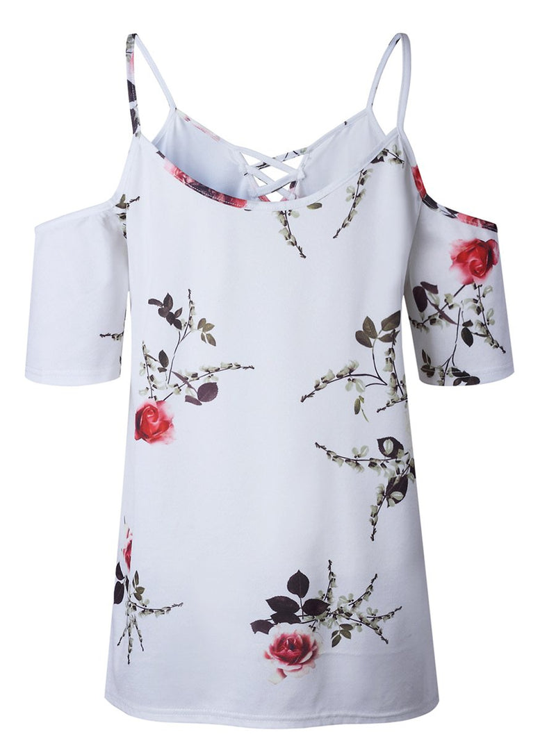 Cold Shoulder Straps Short Sleeves Floral T-shirt Top - Landing Closet