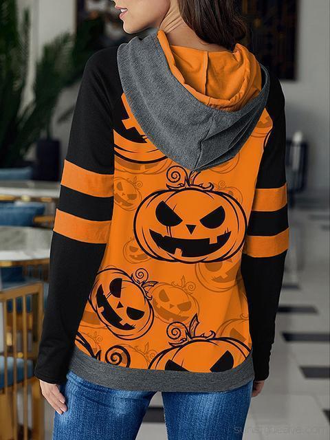 Halloween Pumpkin Print Drawstring Hoodie
