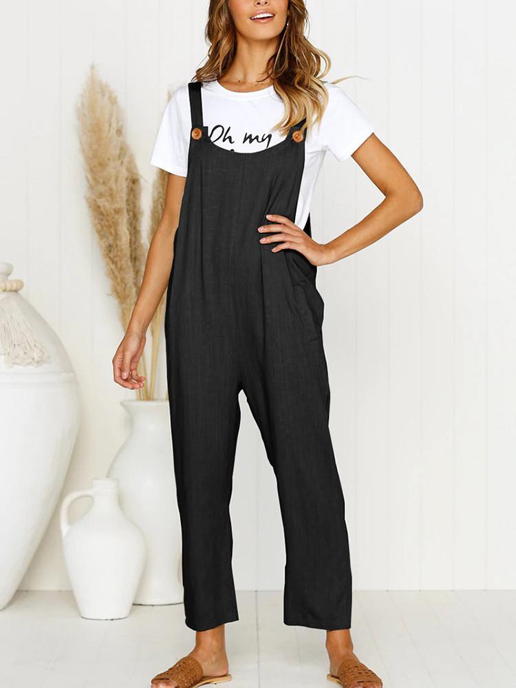 Pocket Solid Wide Leg Strappy Jumpsuit Overalls