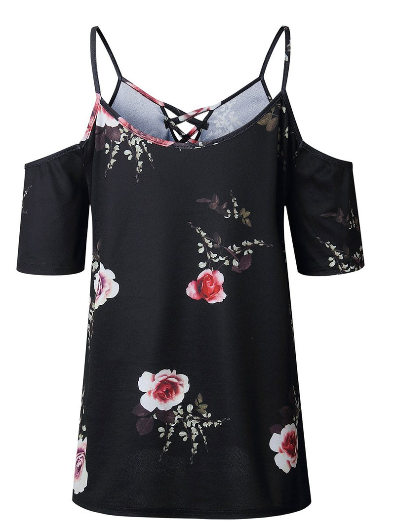 Cold Shoulder Straps Short Sleeves Floral T-shirt Top - Landing Closet