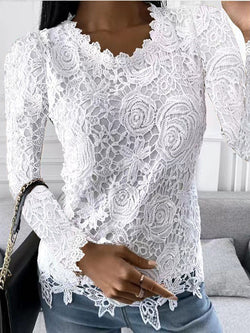 Elegant Long Sleeve O-Neck Floral Print Lace Blouse