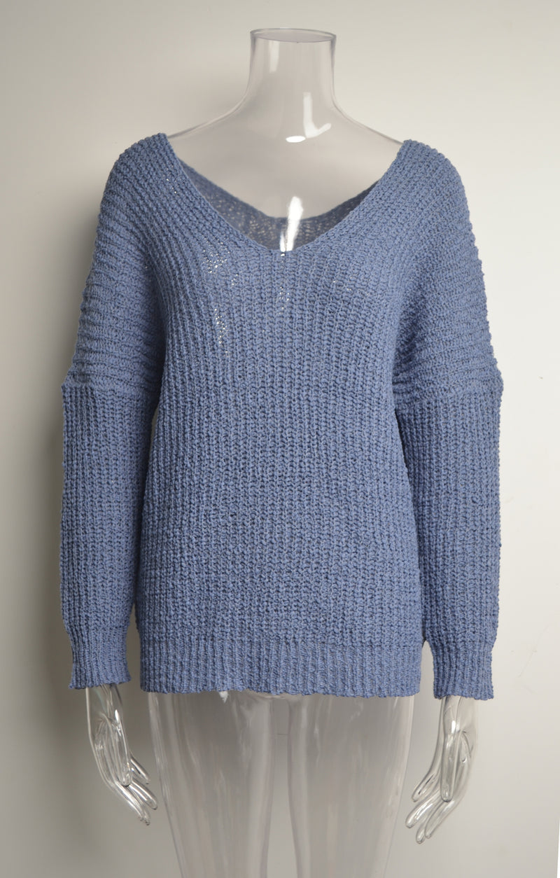 Solid Color V Neck Pullover Sweater