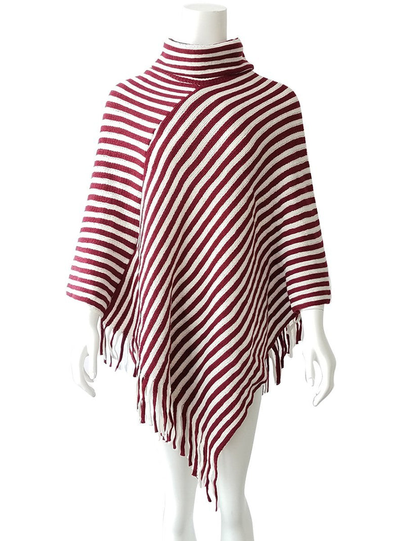 Striped Cape With Turtleneck Knitted Pullover