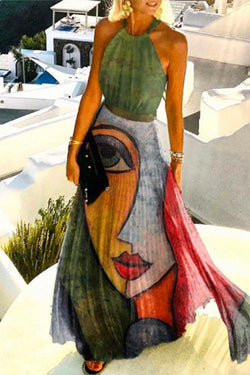 Sleeveless Halter Abstract Printed Pleated Maxi Dress