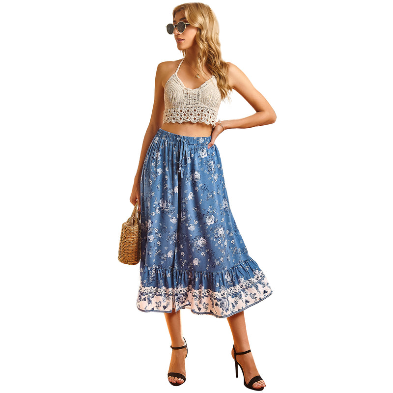 High Waist Casual Side Split Floral Midi Skirt