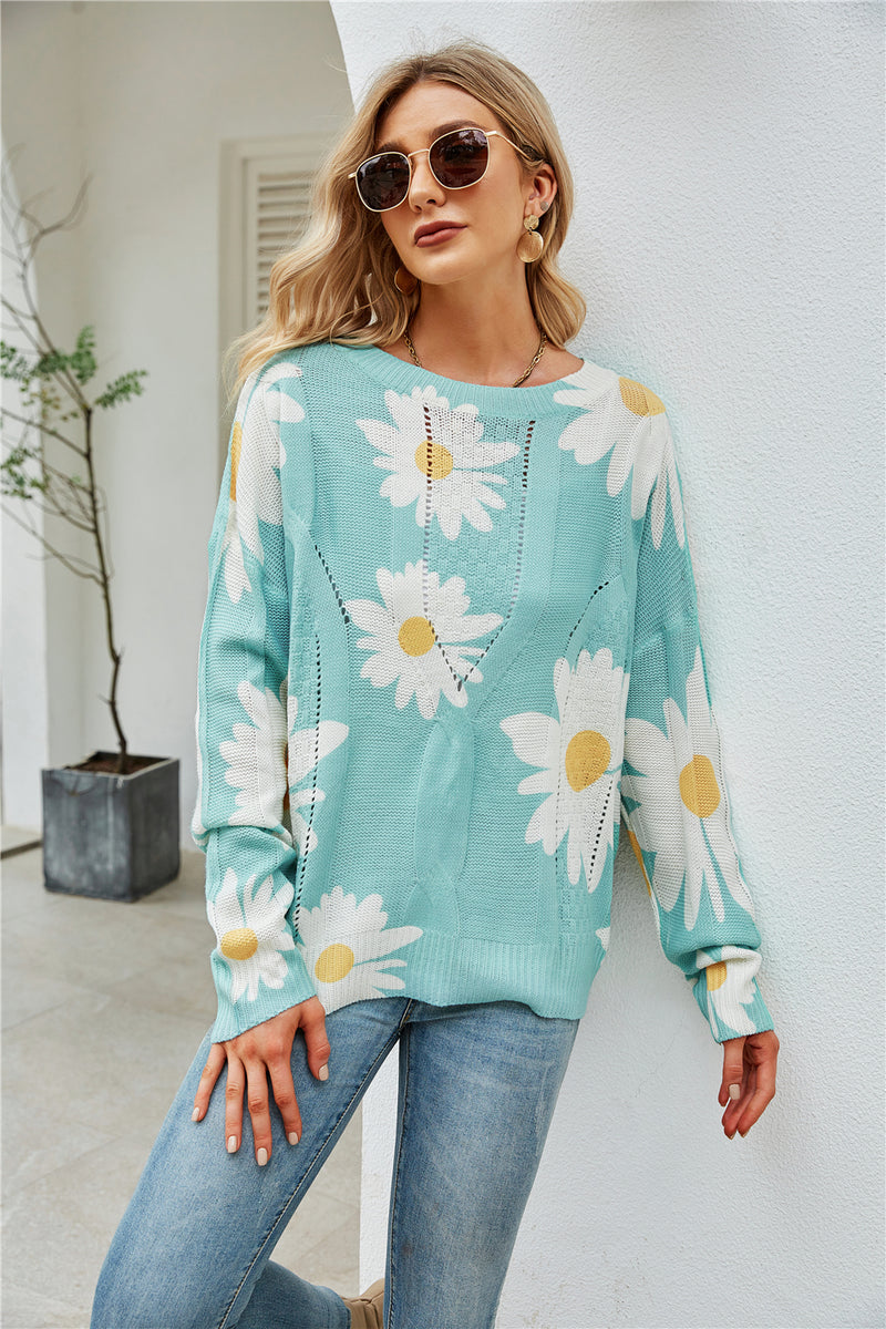 Casual Crew Neck Long Sleeve Floral Print Sweater