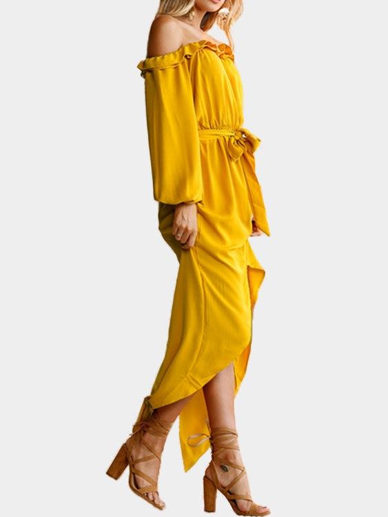Yellow Off The Shoulder Long Sleeves Split Hem Maxi Dress with Belt