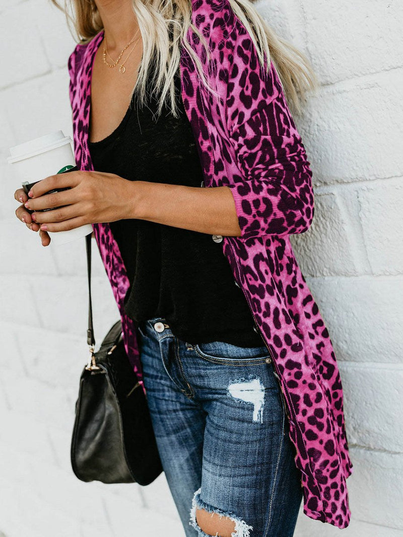 V-neck Long Sleeves Leopard Printed Button Blouse Top