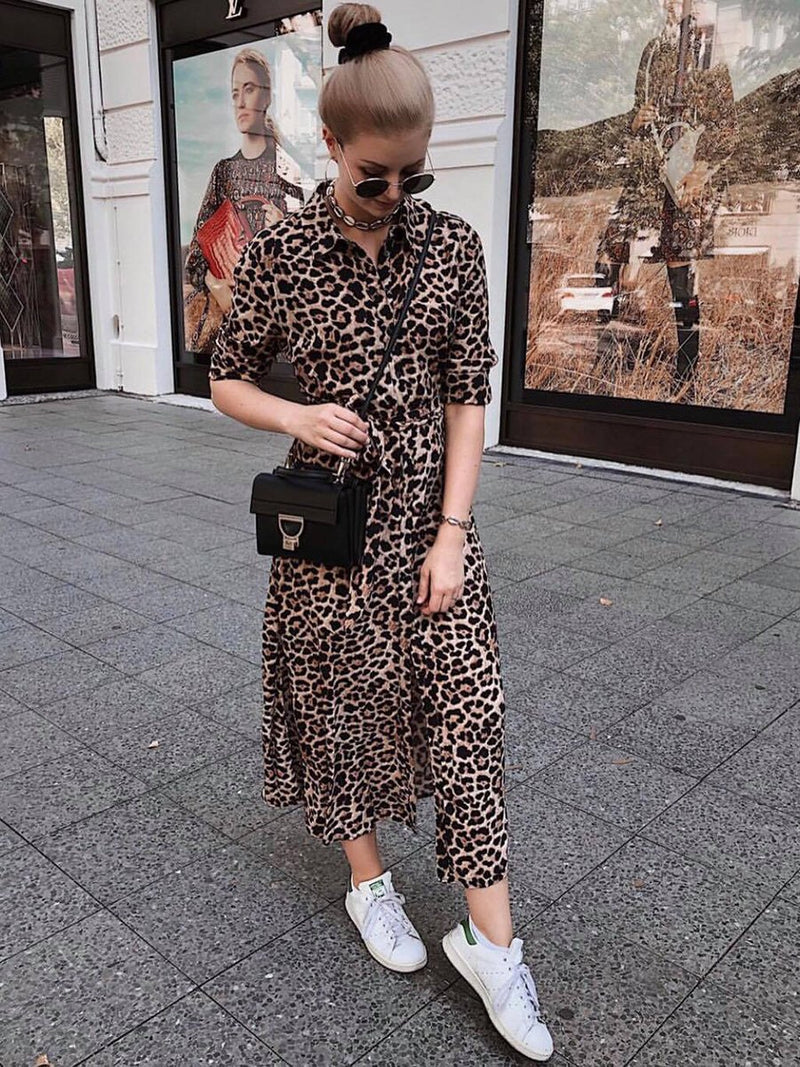 Leopard Printed Long Sleeves Maxi Dress
