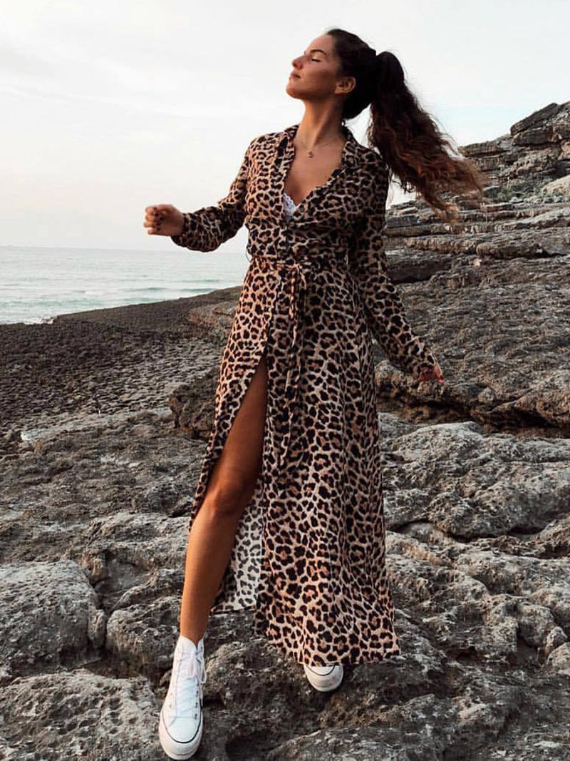 Leopard Printed Long Sleeves Maxi Dress