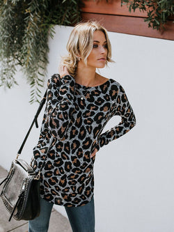 Leopard Printed Long Sleeves Backless T-shirt Top