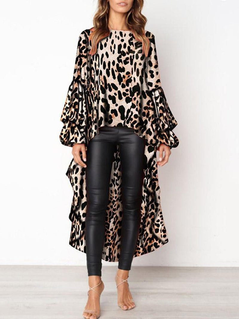 Leopard Printed Long Sleeves Irregular Hem Top T-shirt