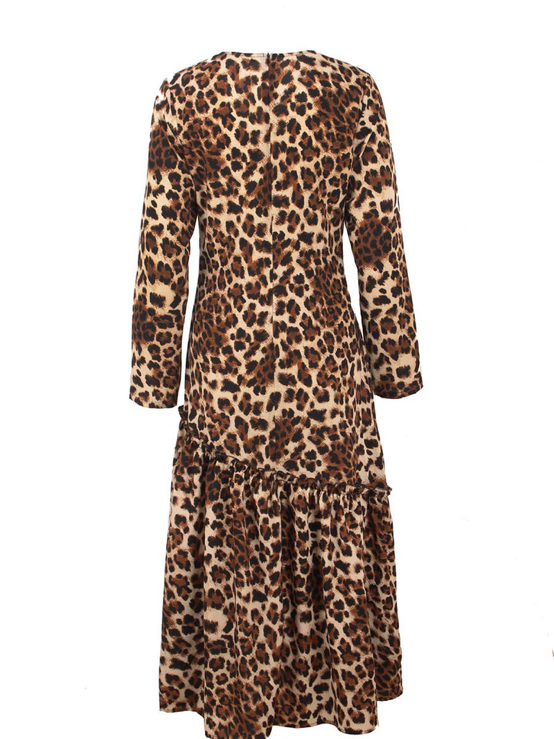 Leopard Printed V-neck Long Sleeves Maxi Dress
