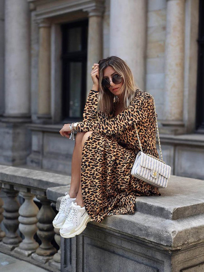 Leopard Printed V-neck Long Sleeves Maxi Dress