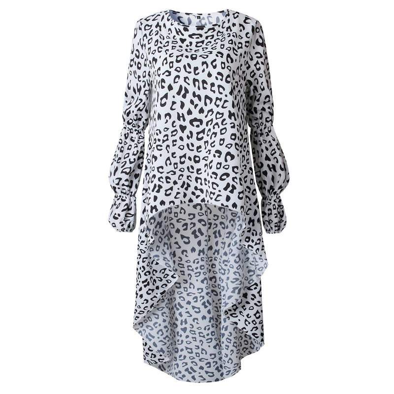Leopard Printed Long Sleeves Irregular Hem Top T-shirt