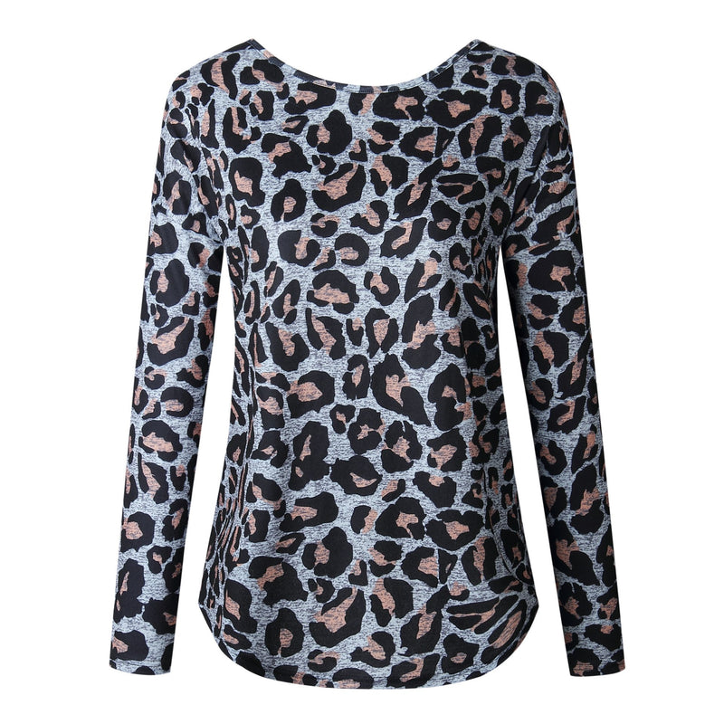 Leopard Printed Long Sleeves Backless T-shirt Top