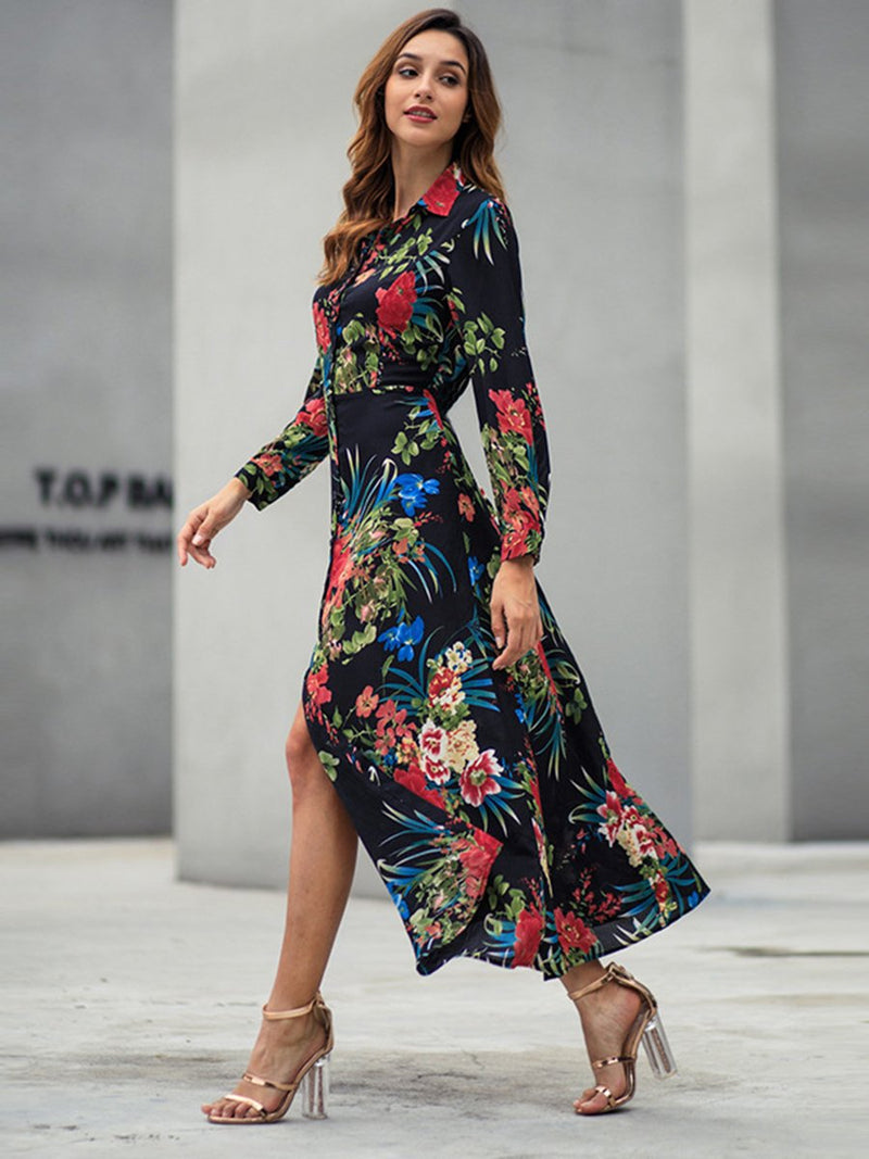 Floral Printed Long Sleeves Front Slit Maxi Dress