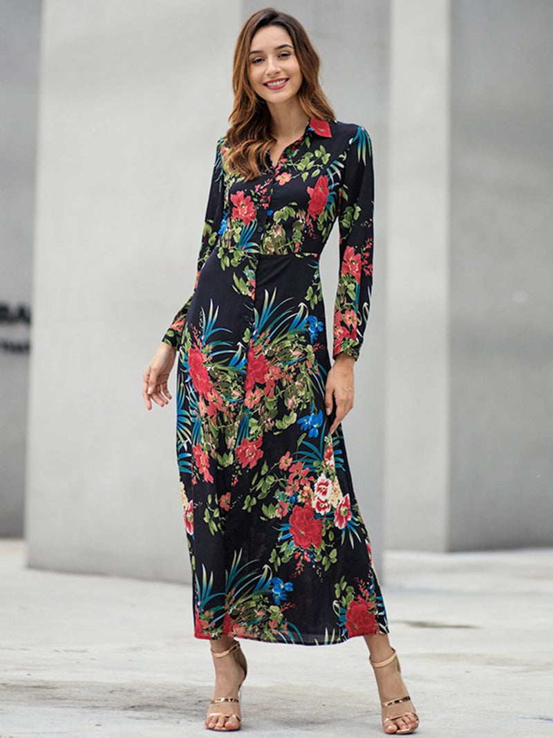 Floral Printed Long Sleeves Front Slit Maxi Dress