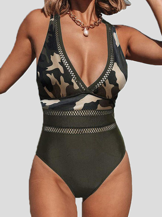 Women's Swimsuit Camouflage Hollow One Piece Bikini